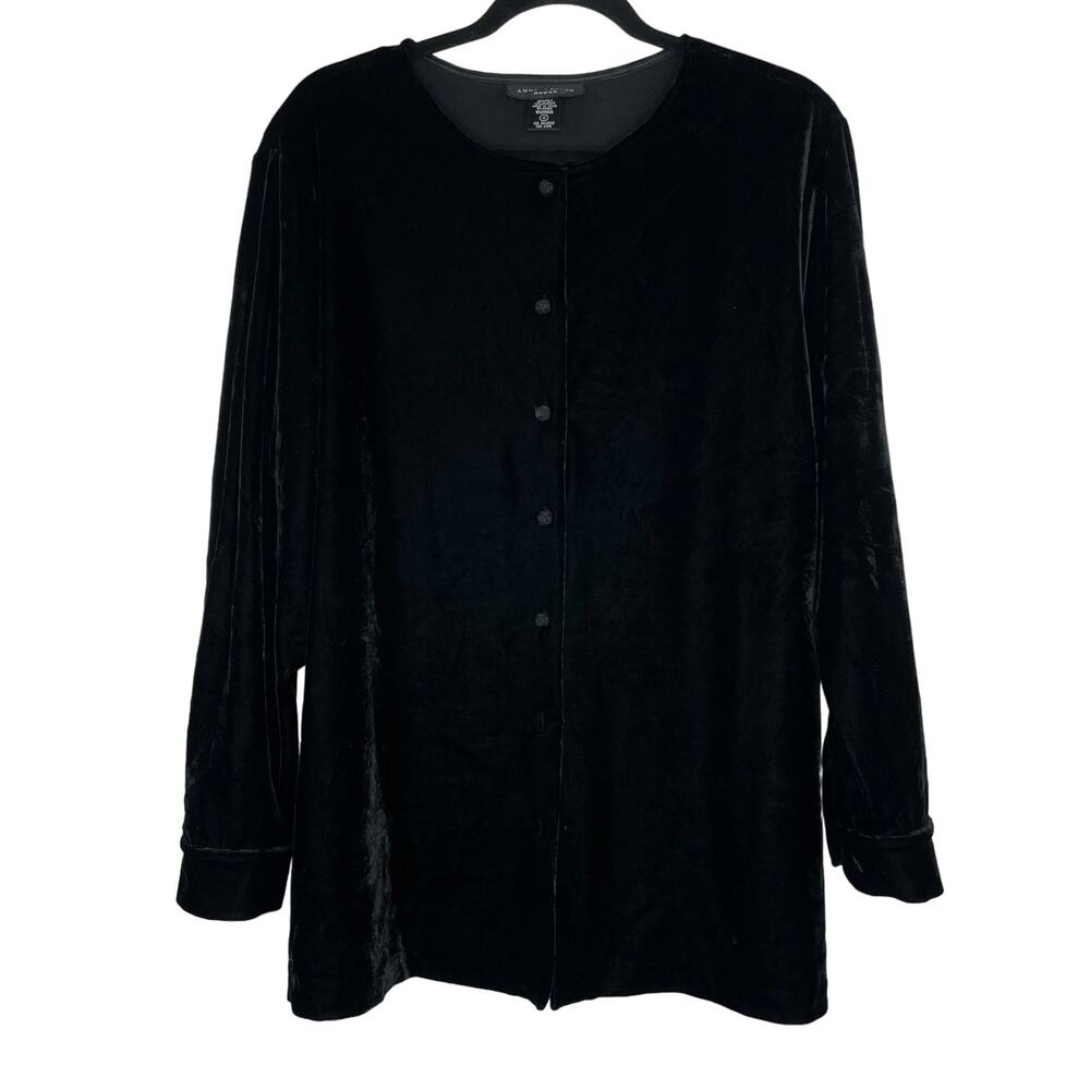 Anne Carson Woman black velvet velour long sleeve blouse 1X *missing 2 buttons